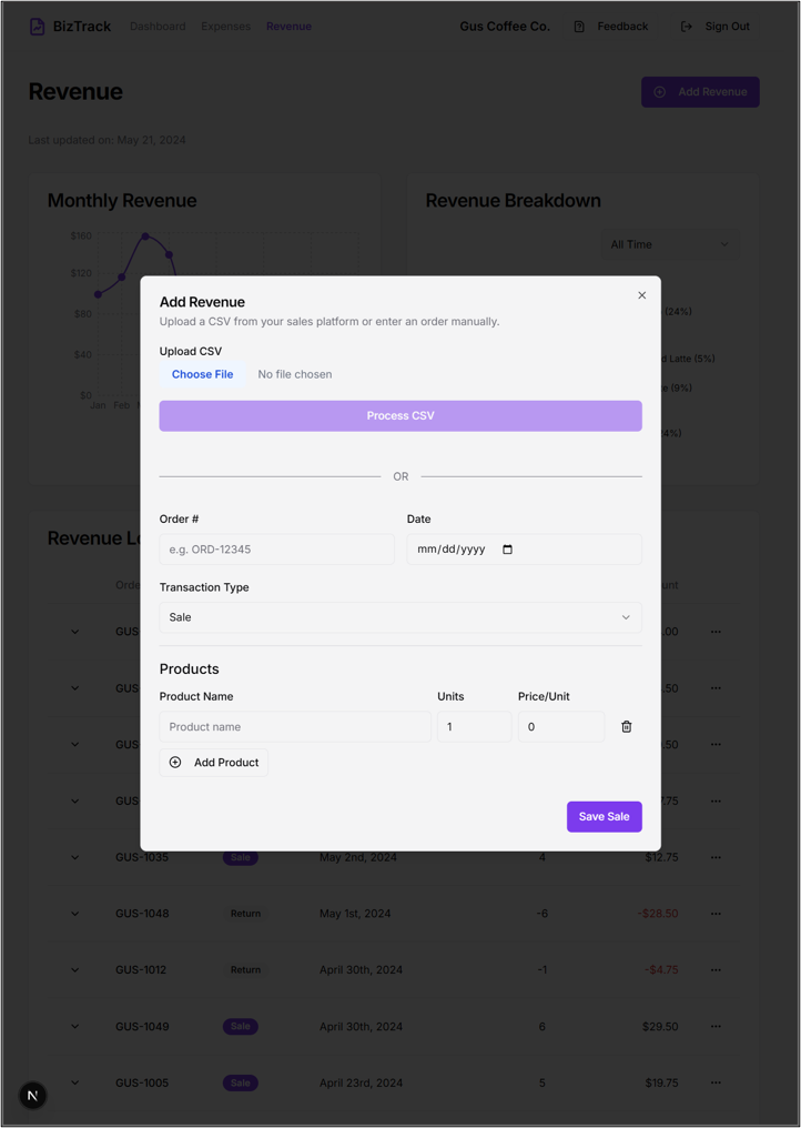 Add Revenue Page Screenshot